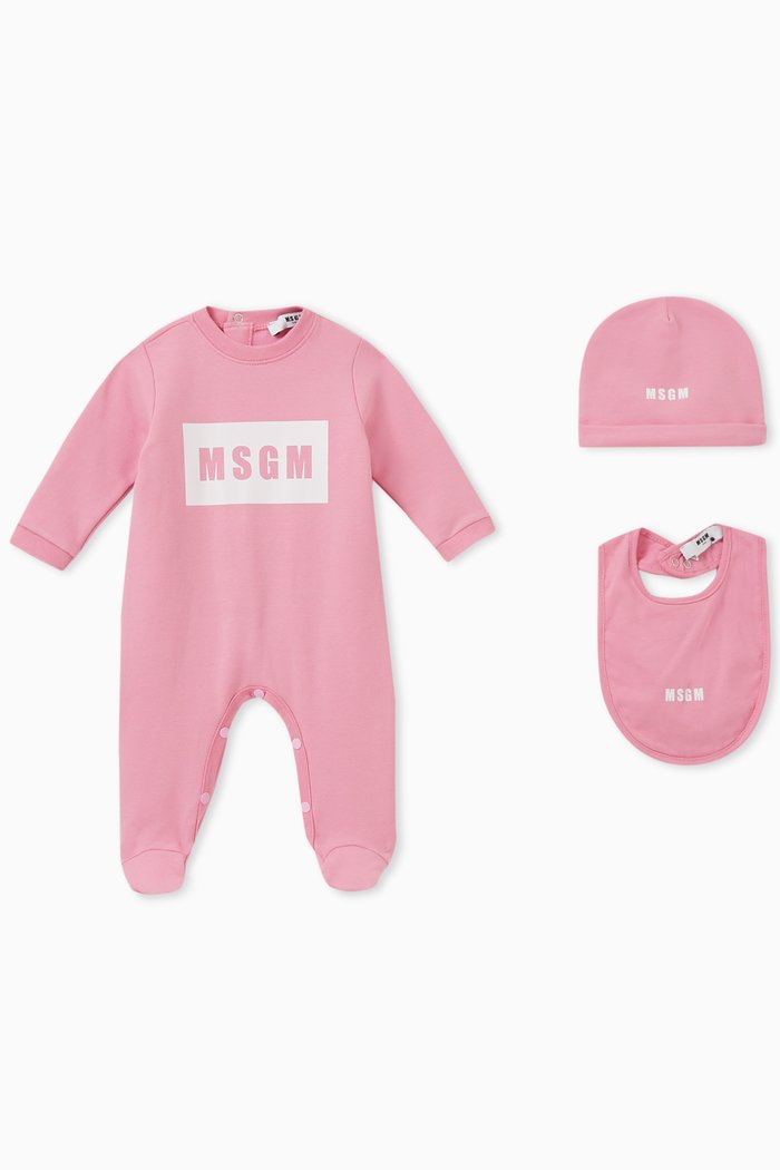 

Logo Pyjama Set of Sleepsuit, Hat & Bib in Cotton, Pink