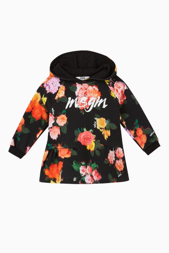 

Floral Logo Hooded Dress in Cotton, Black