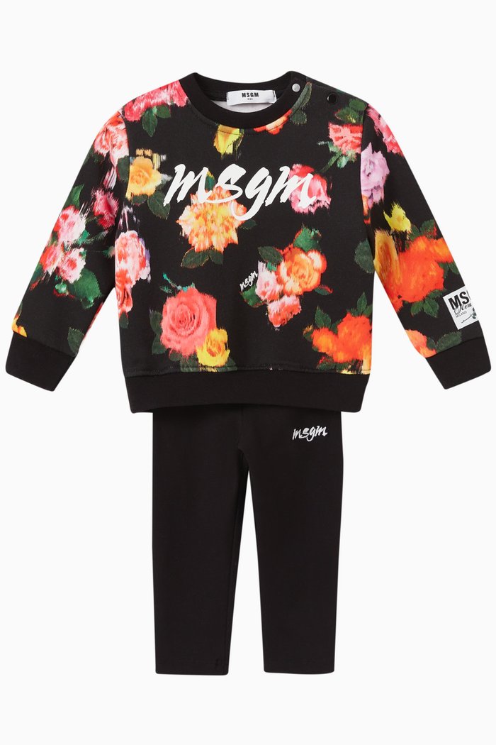 

Floral Logo Sweatshirt & Leggings Set in Stretch Cotton Jersey, Black