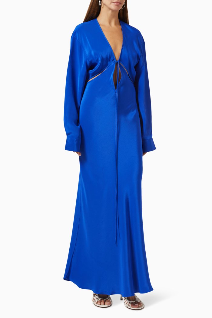 

Triquetra Front-tie Maxi Dress in Silk Satin, Blue