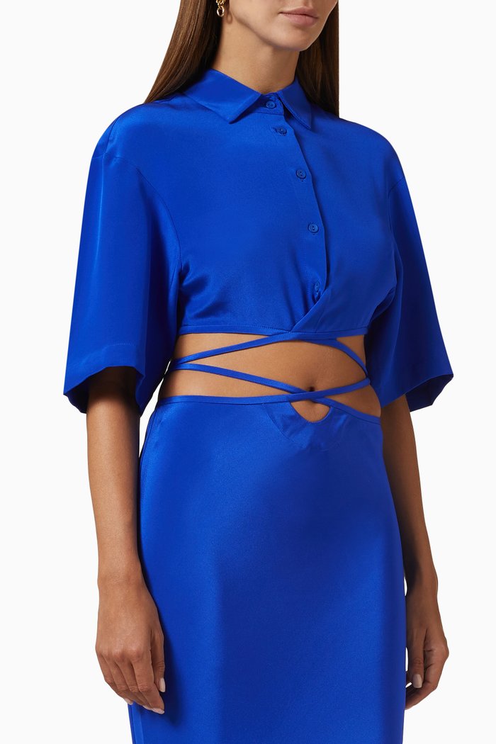 

Cropped Tie Shirt in Silk, Blue