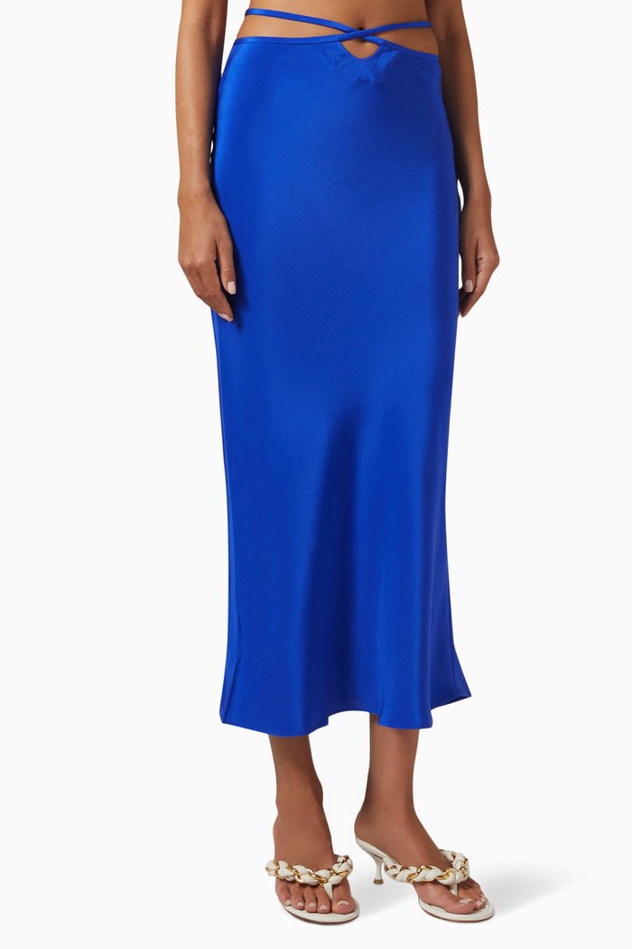

Lace-up Midi Skirt in Silk, Blue