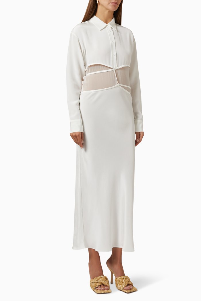 Elongated Tie Maxi Shirt Dress in Silk Faille, White