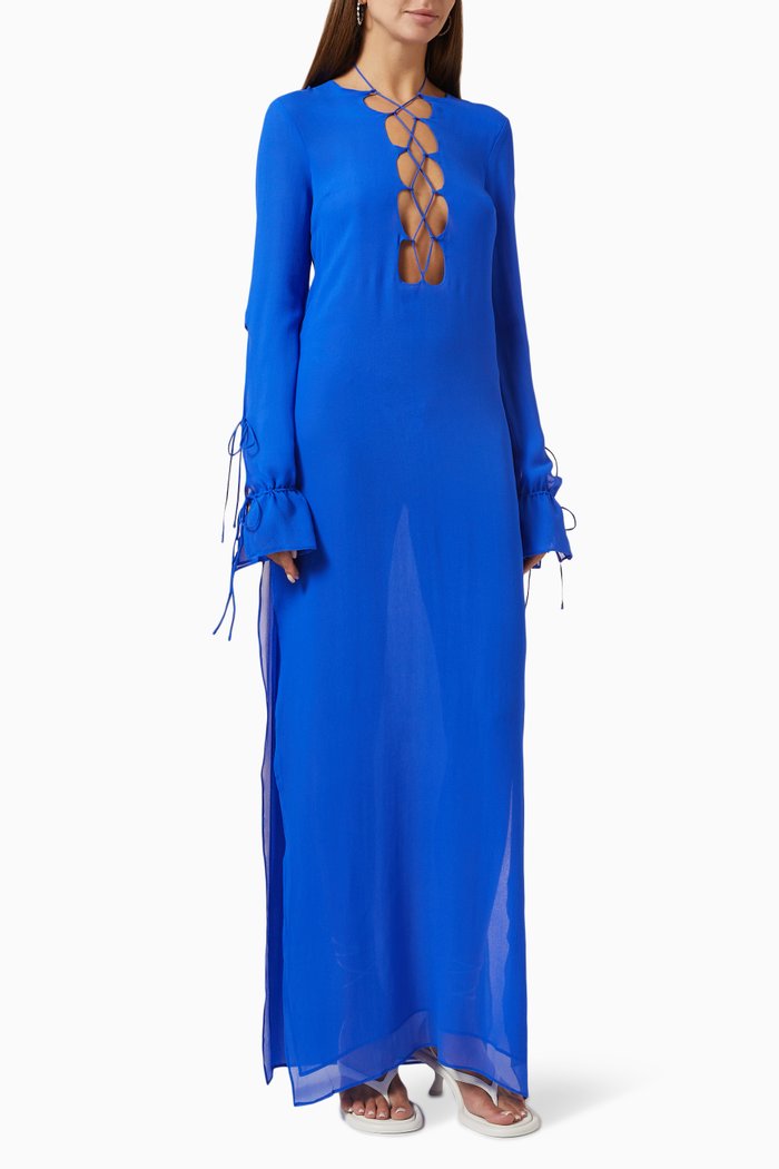 

Tie-front Column Maxi Dress in Silk Chiffon, Blue