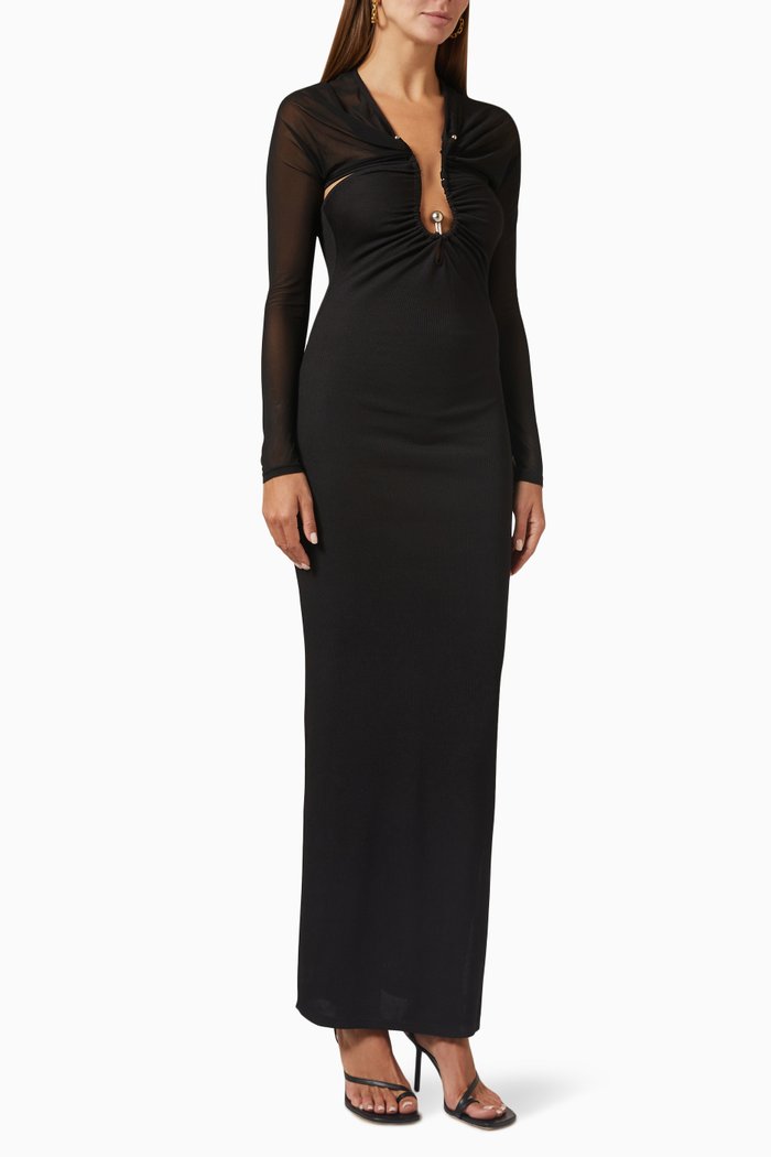 

Polar Orbit Ruched Shawl Maxi Dress in Ribbed-knit, Black