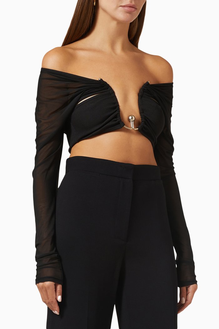Polar Orbit Ruched Shawl Crop Top in Ribbed-knit, Black
