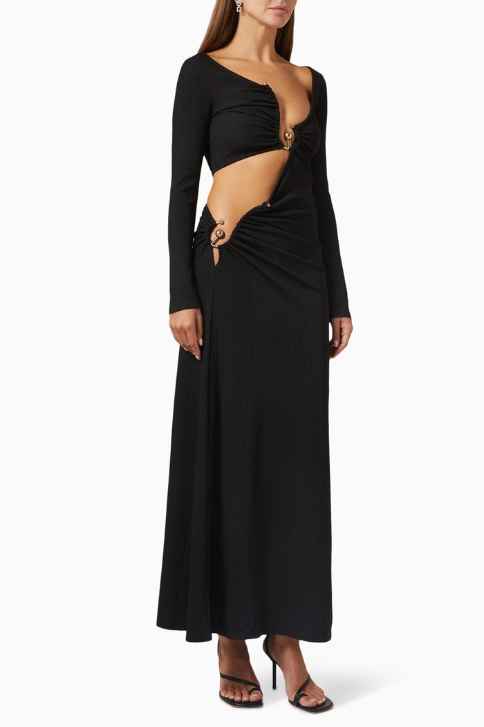 

Dual Escape Asymmetric Maxi Dress in Ribbed-knit, Black
