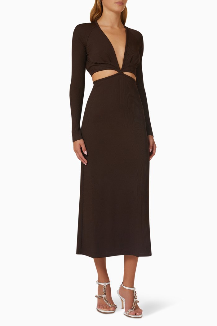 

Open Tie Back Midi Dress in Ribbed Knit, Brown
