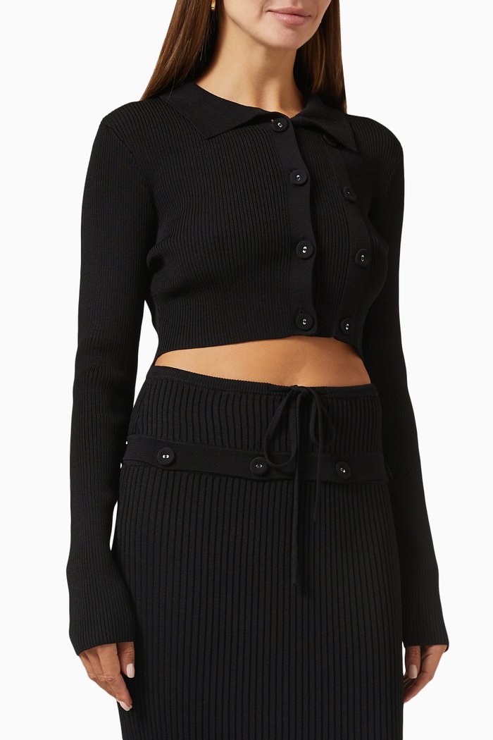 

Cropped Cardigan in Ribbed-knit, Black