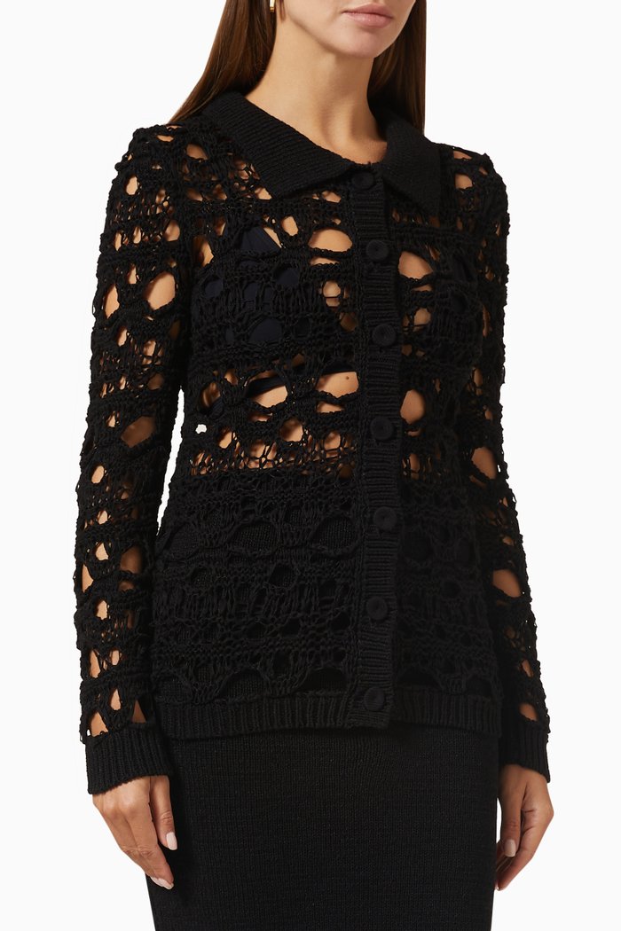 Crochet Cardigan in Cotton-blend, Black