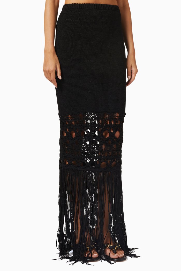 

Crochet Fringe Maxi Skirt in Cotton-blend, Black