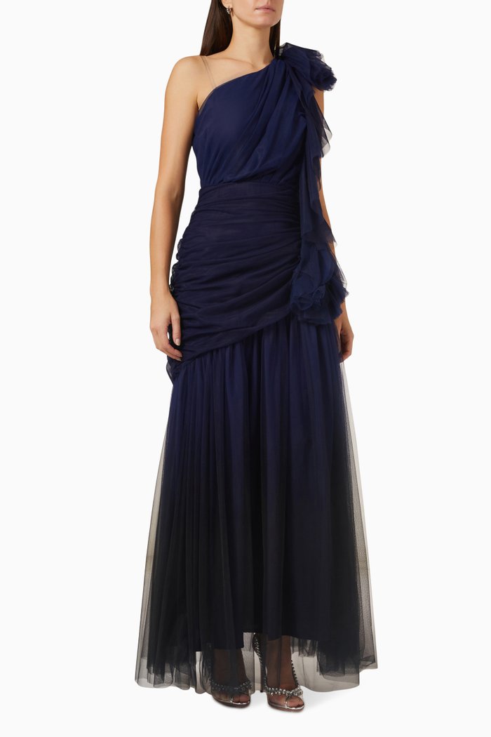 

One-shoulder Draped Dress in Tulle, Blue