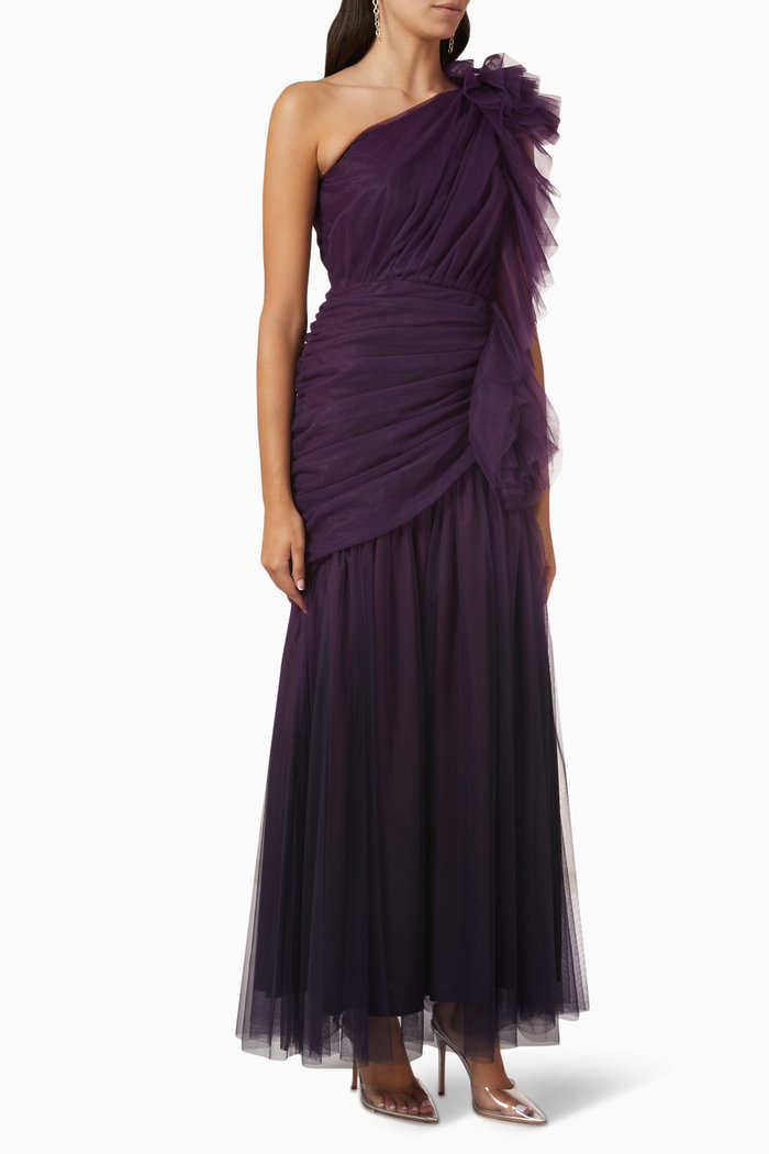 

One-shoulder Draped Dress in Tulle, Purple