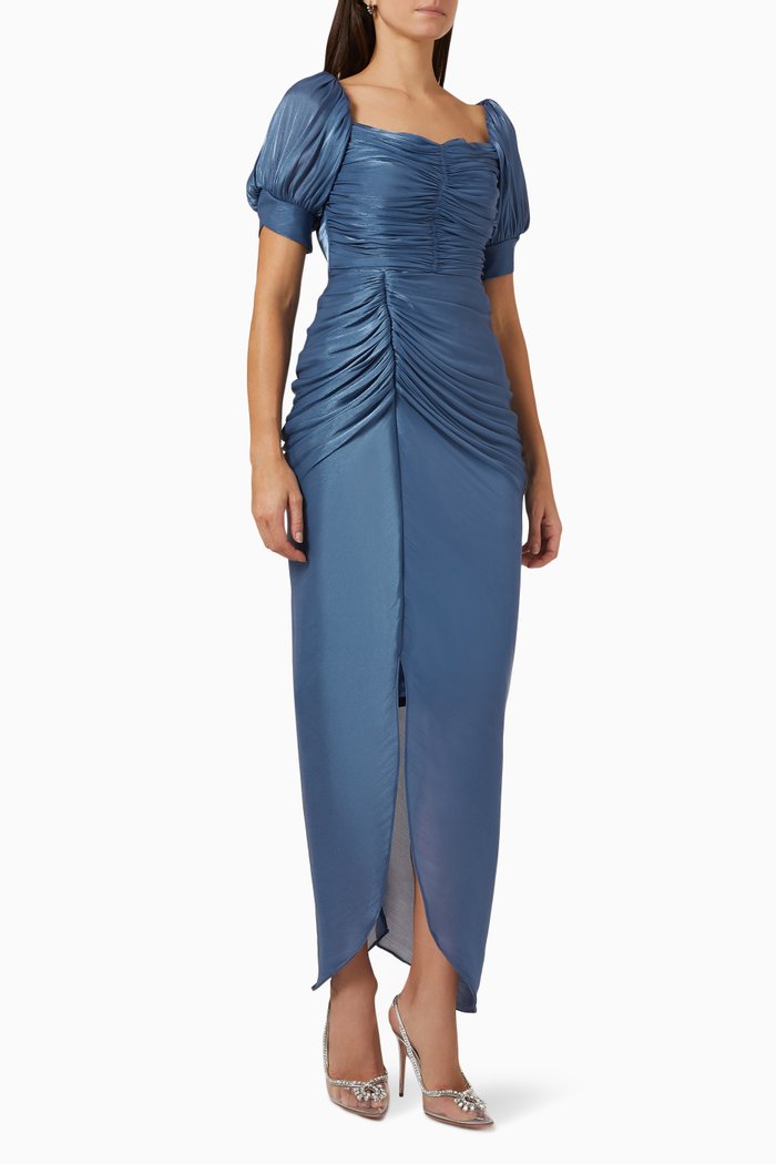 

Draped Puff Sleeve Dress, Blue