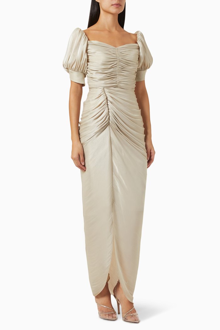 

Draped Puff Sleeve Dress, Neutral