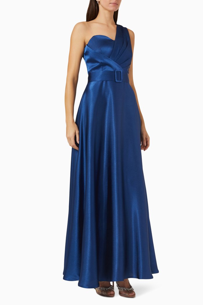 

One-shoulder Dress in Satin, Blue