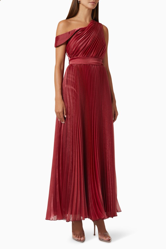 

One-shoulder Pleated Dress in Satin, Red