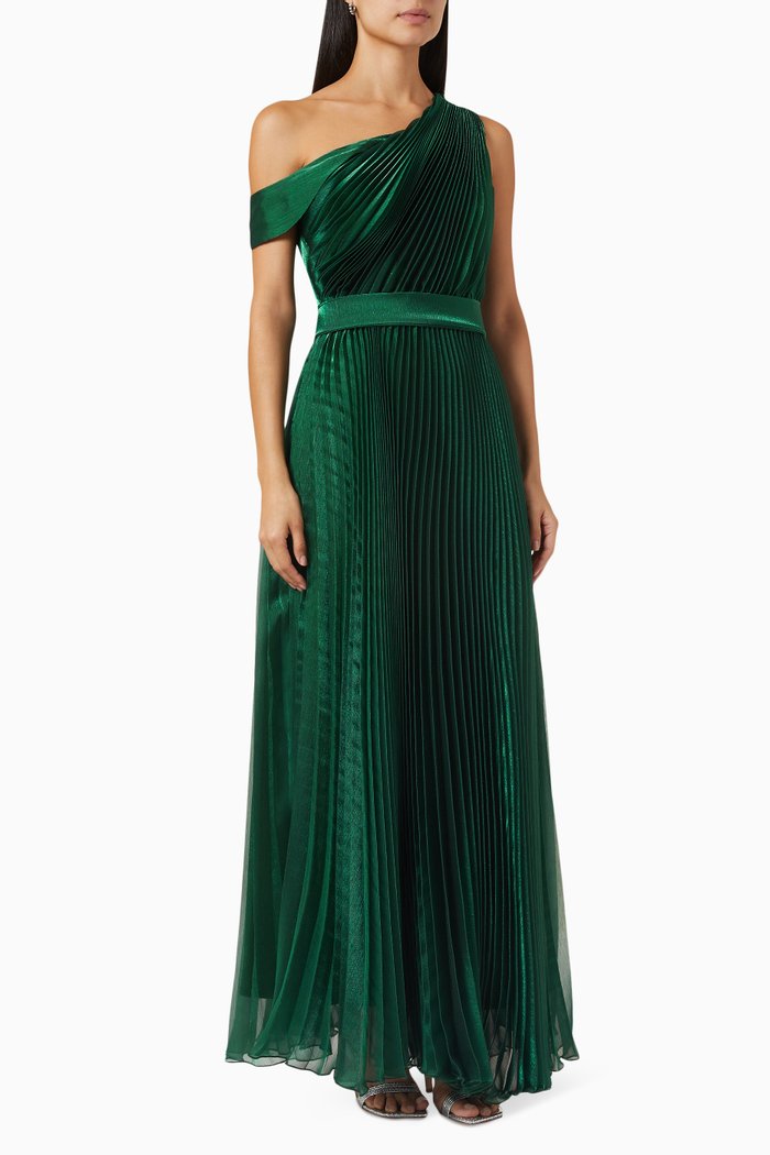 

One-shoulder Pleated Dress in Satin, Green