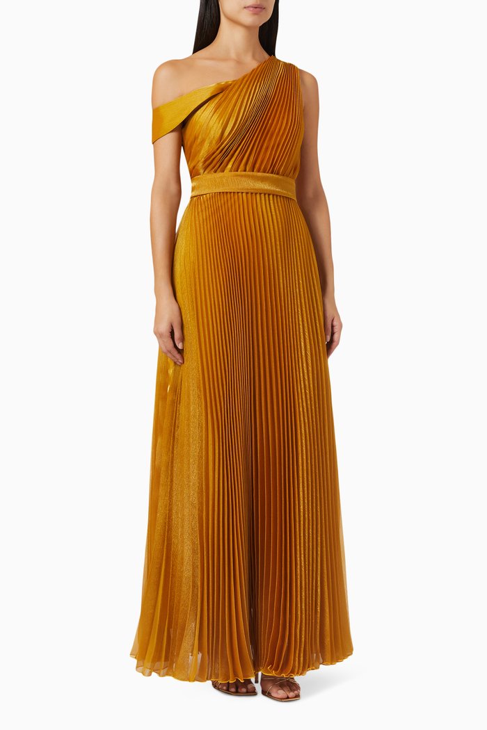 

One-shoulder Pleated Dress in Satin, Yellow