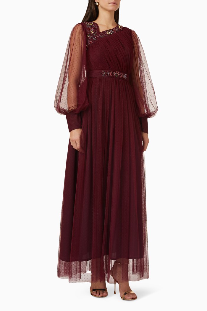 Bead Embellished Dress in Tulle, Burgundy