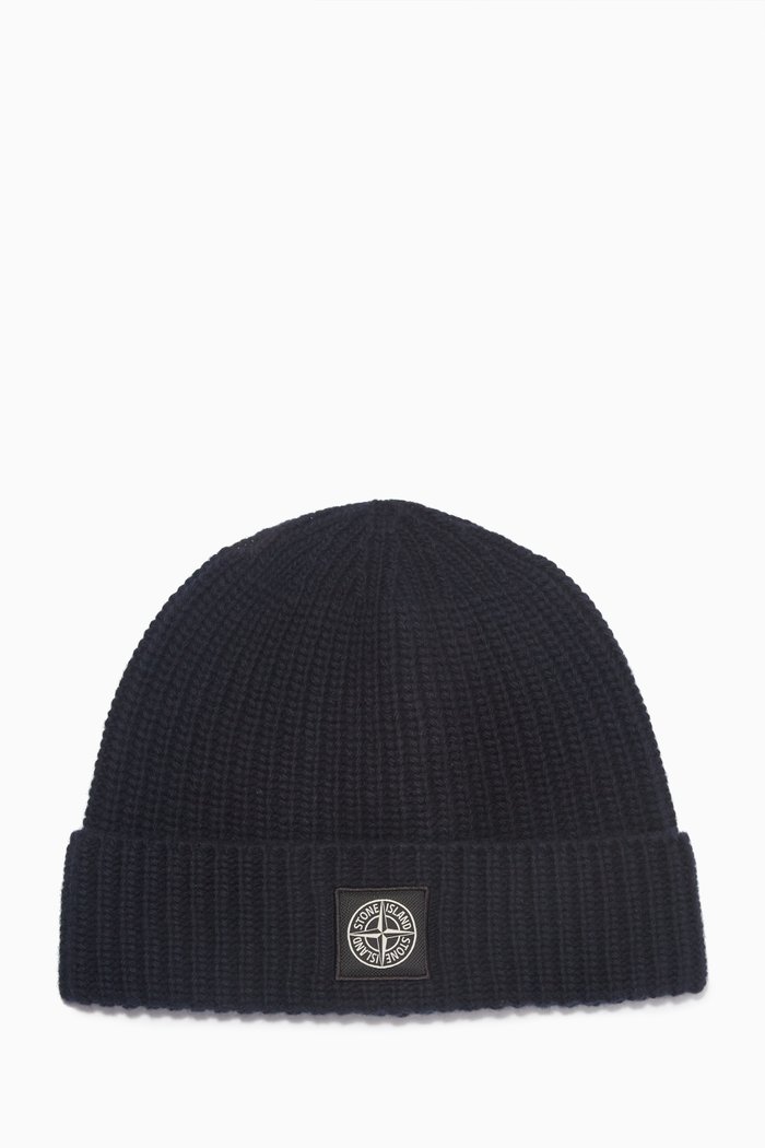 

Logo Patch Beanie in Ribbed Wool, Blue