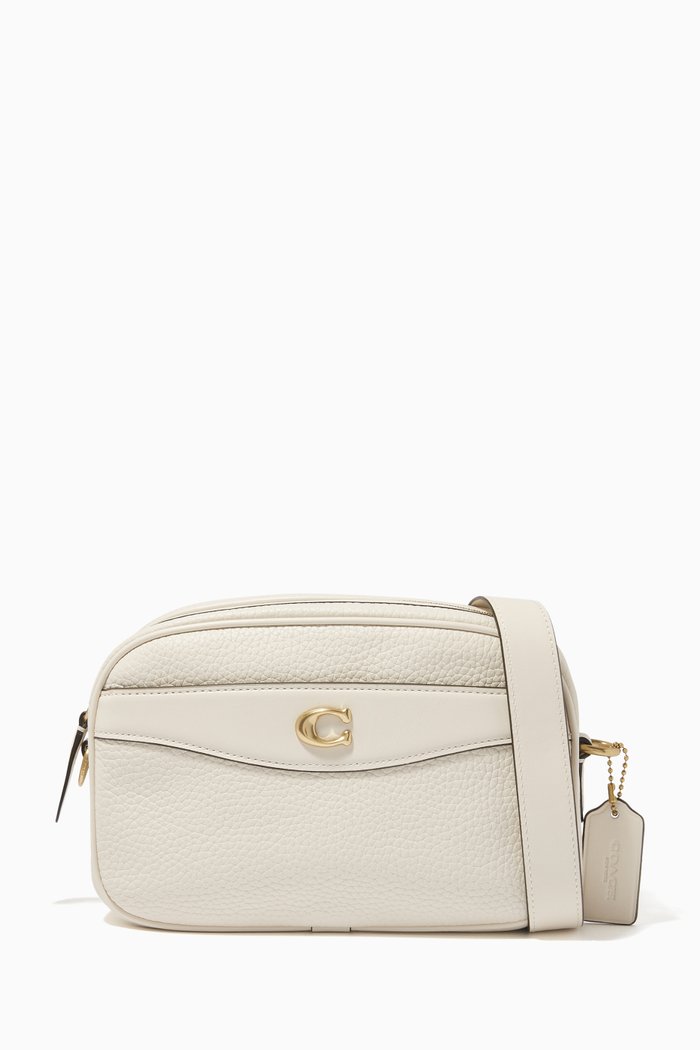 Logo Camera Bag in Pebbled Leather, White