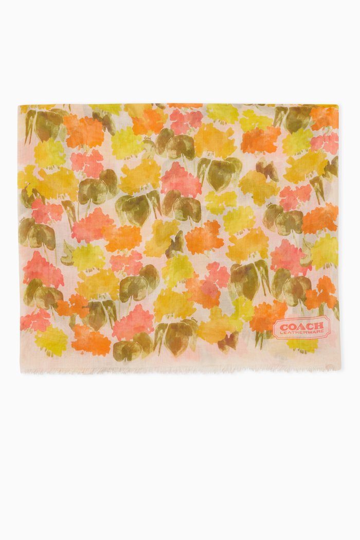 

Hydrangea-print Oblong Scarf in Silk-blend, Yellow