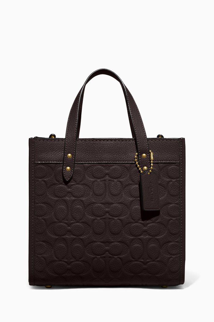 Small Field Tote Bag in Signature-debossed Pebbled Leather, Burgundy