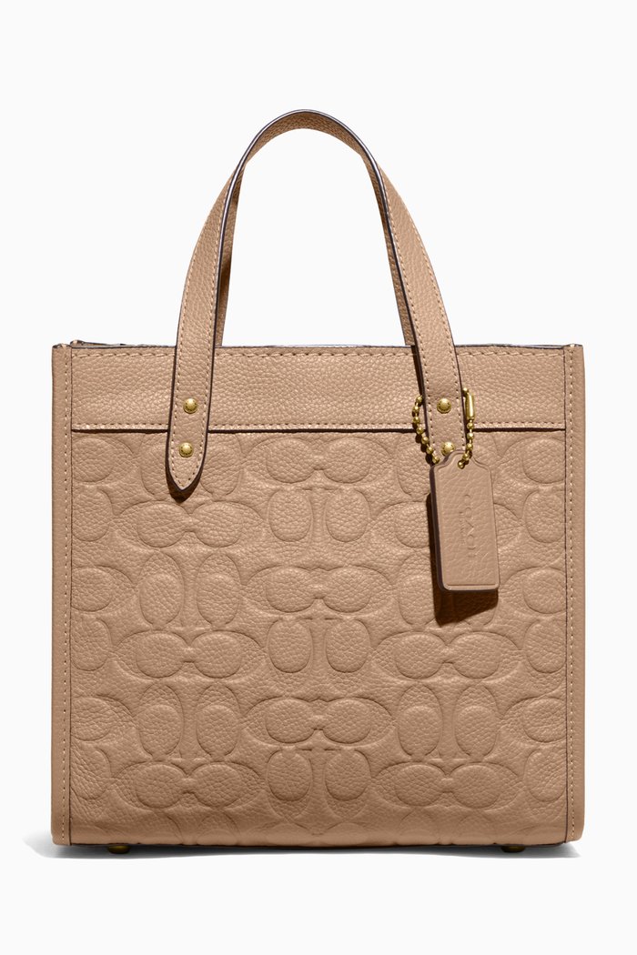 Small Field Tote Bag in Signature-debossed Pebbled Leather, Brown