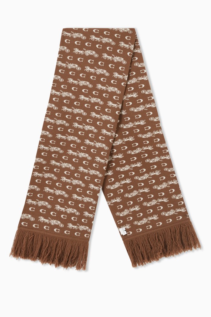 

Bold Horse & Carriage Print Oversized Scarf in Wool, Brown