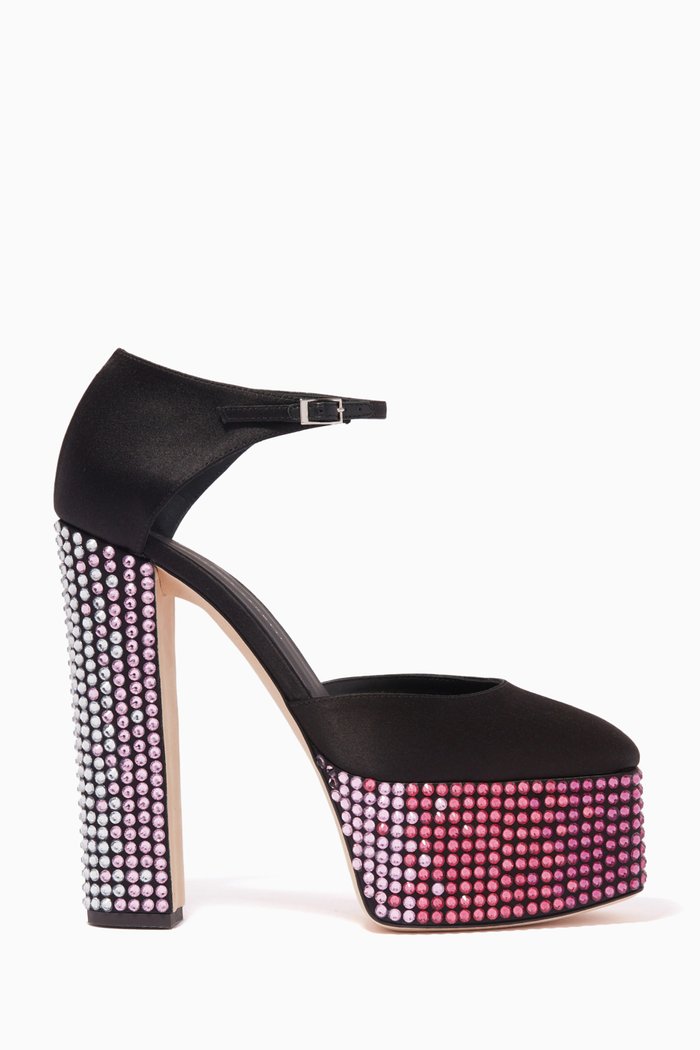 Bebe Strass Platform Sandals in Satin, Black