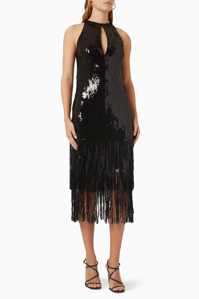 

Acerola Fringe Midi Dress in Sequin, Black