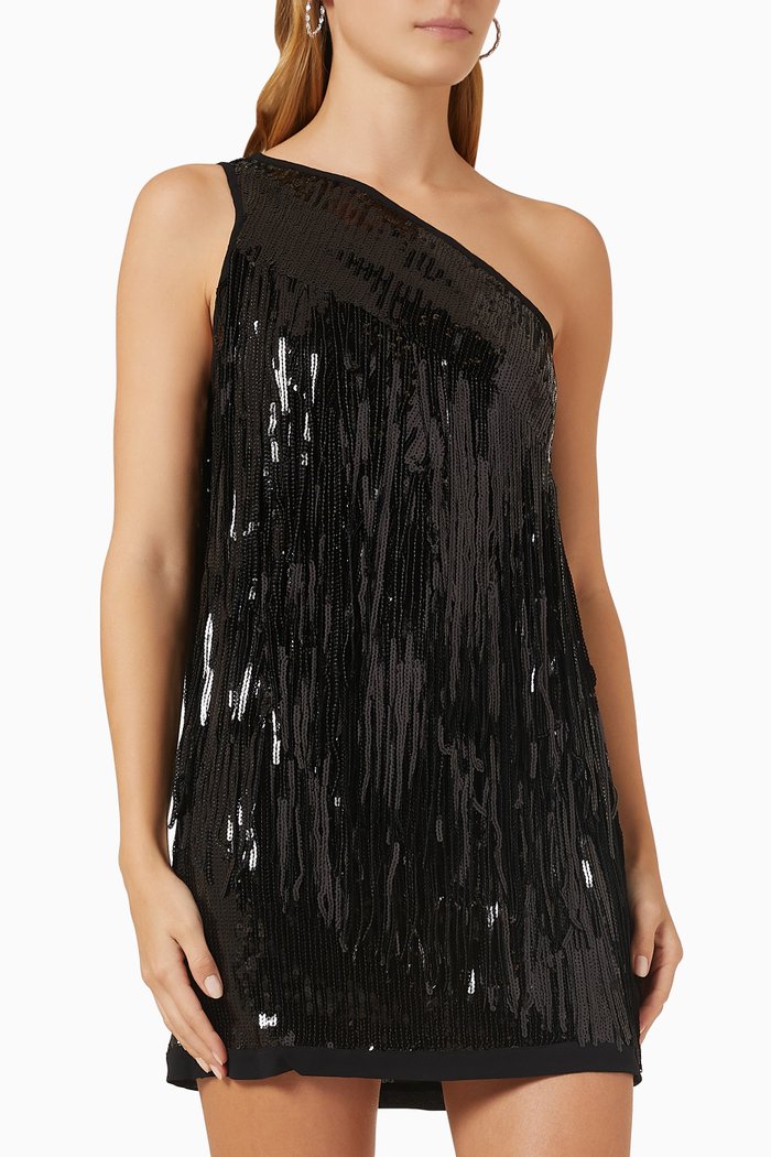 Longan Fringe Mini Dress in Sequin, Black