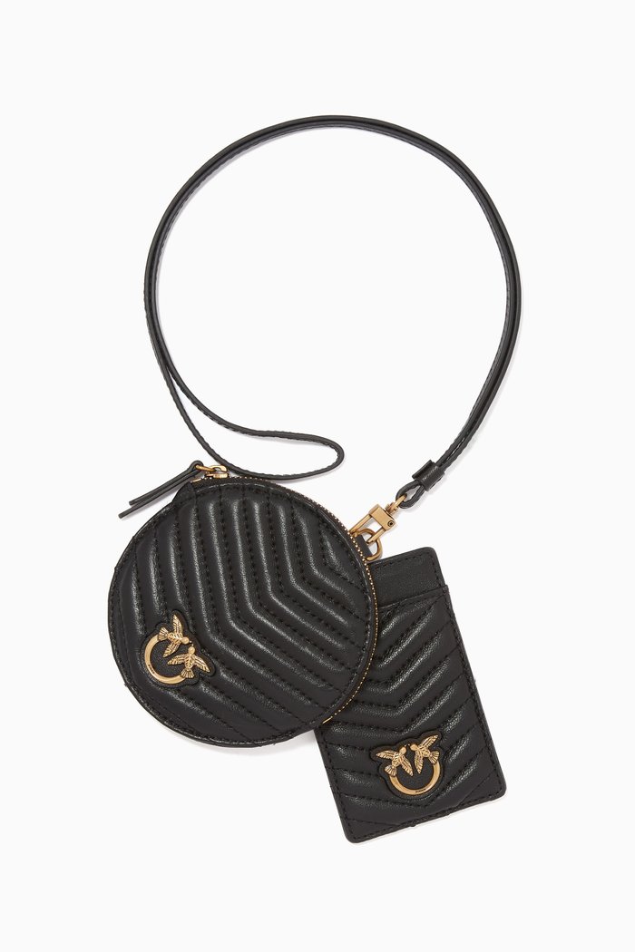 

Mini Love Coin Purse & Card Holder Lanyard in V Quilt Nappa, Black