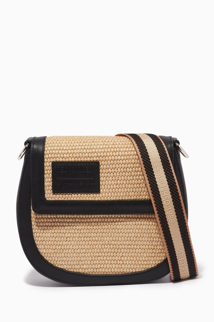 

Staceli Branded Webbing Crossbody in Raffia, Neutral