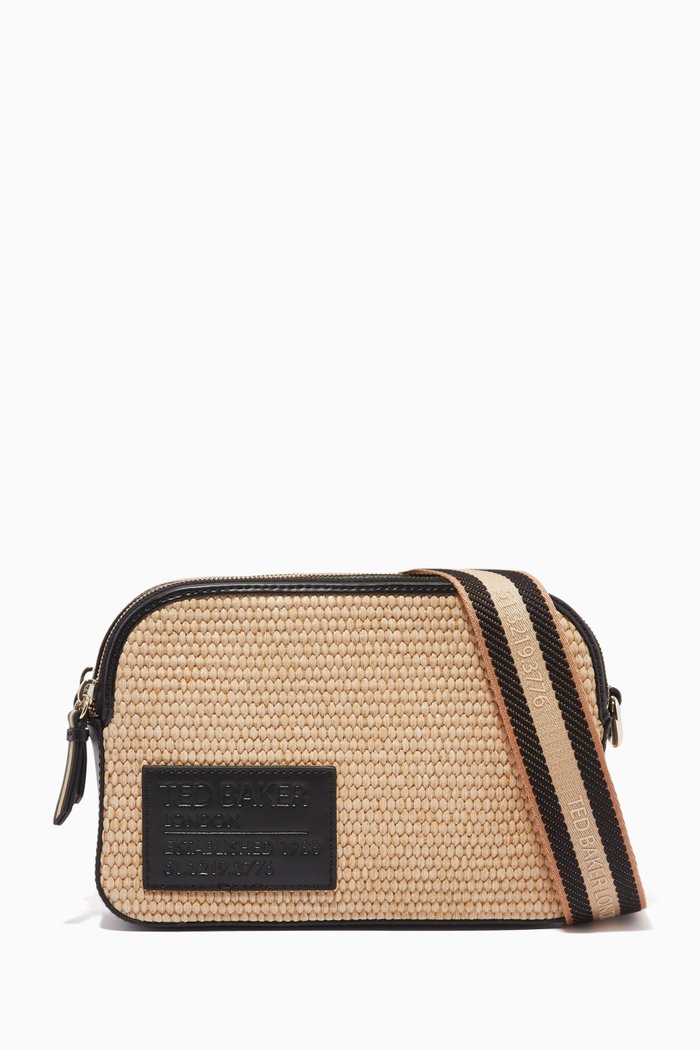 

Darcelo Branded Webbing Camera Bag in Raffia, Neutral