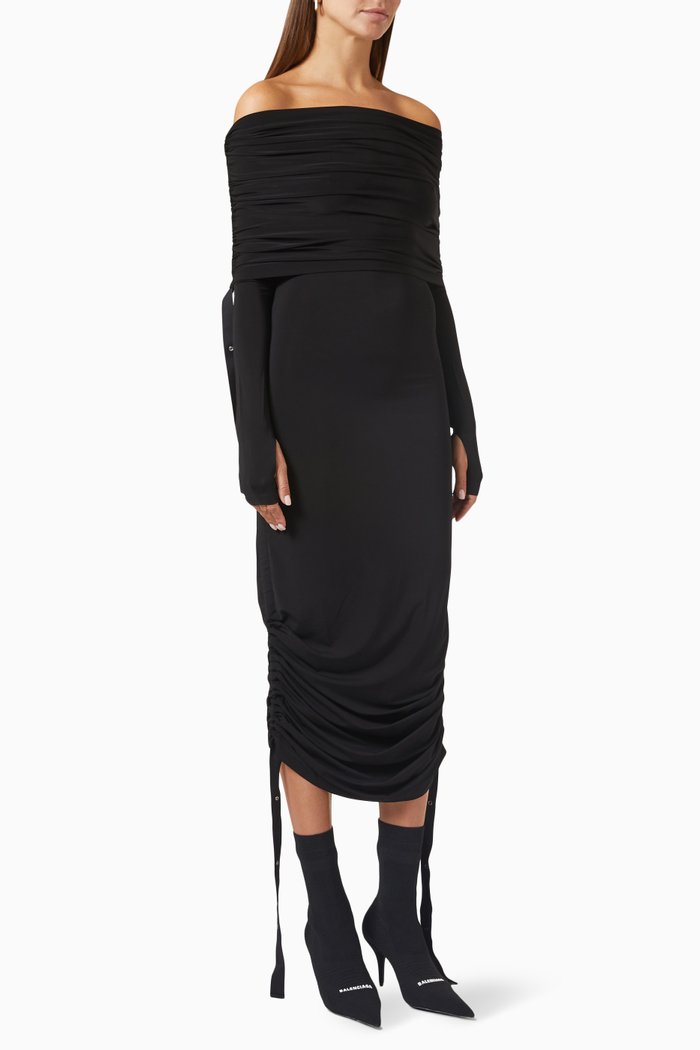 

Doric Gathered Hooded Dress in Jersey, Black