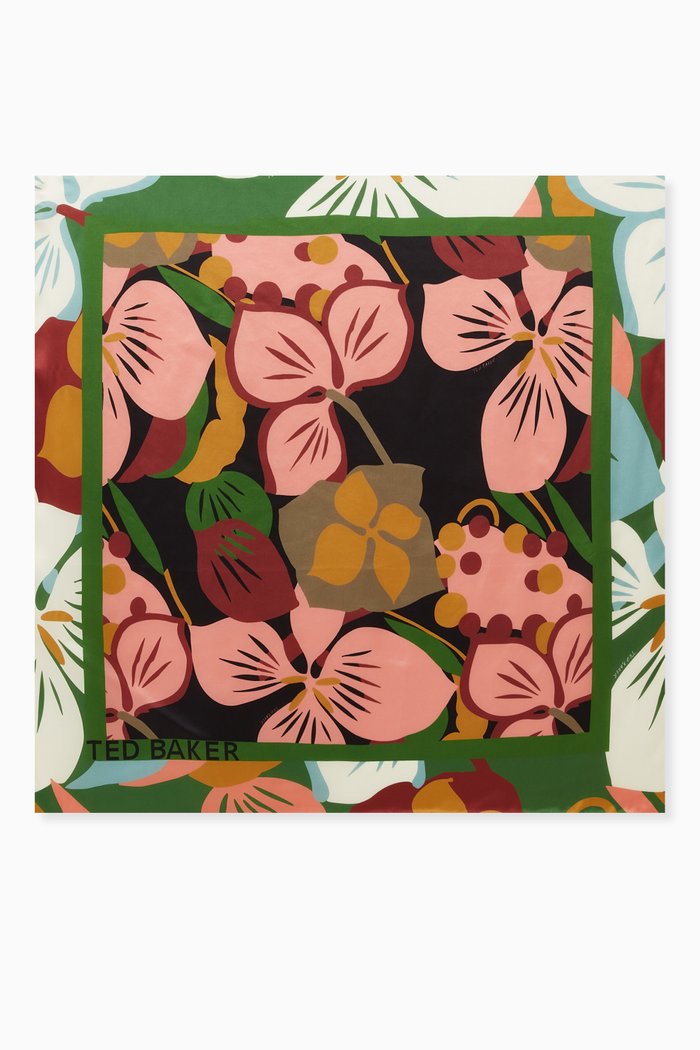 

Farna Sunburst Floral Printed Square Scarf in Silk, Black