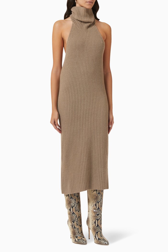 

Estelle Halterneck Midi Dress in Cashmere-wool Knit, Brown