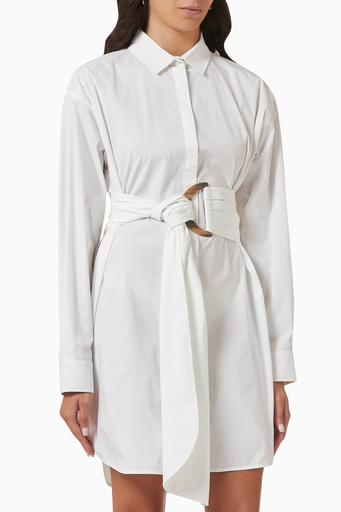 

Thea Belted Mini Shirt Dress in Stretch Cotton-blend, White