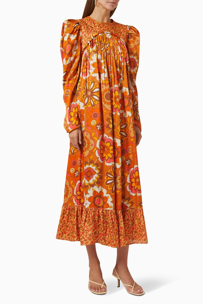 

Tai Printed Midi Dress in Satin, Orange