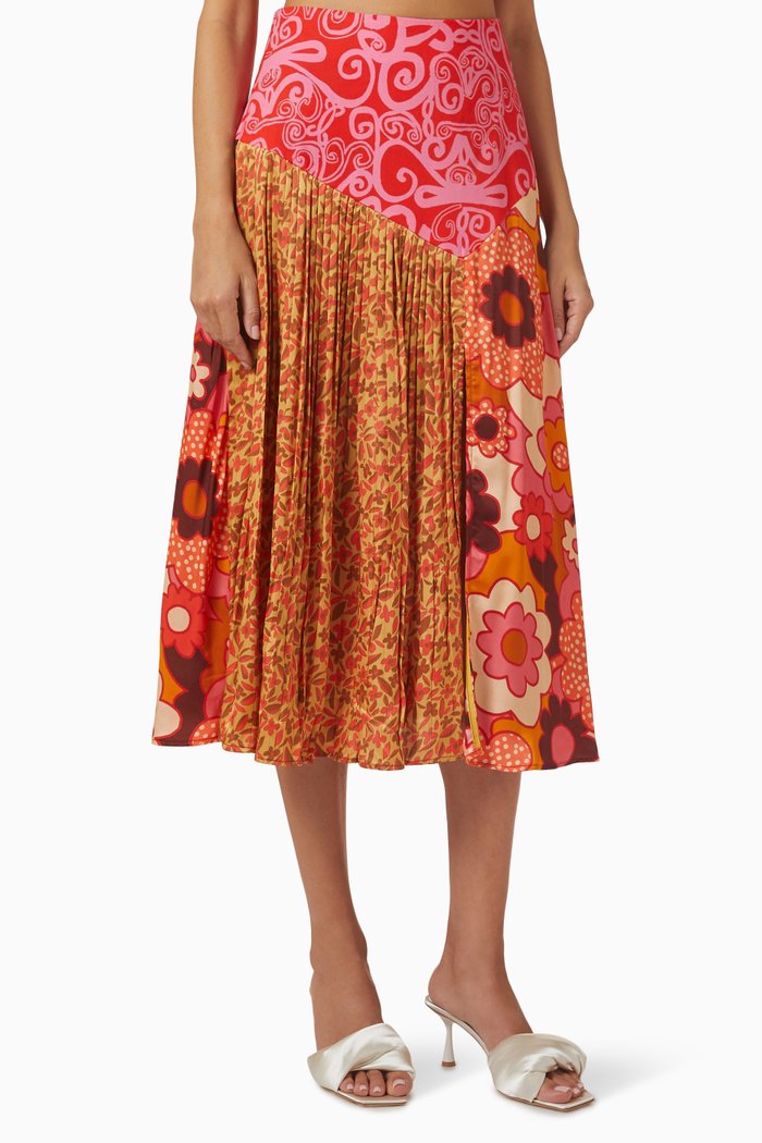 

Kosh Printed Midi Skirt in Satin, Orange