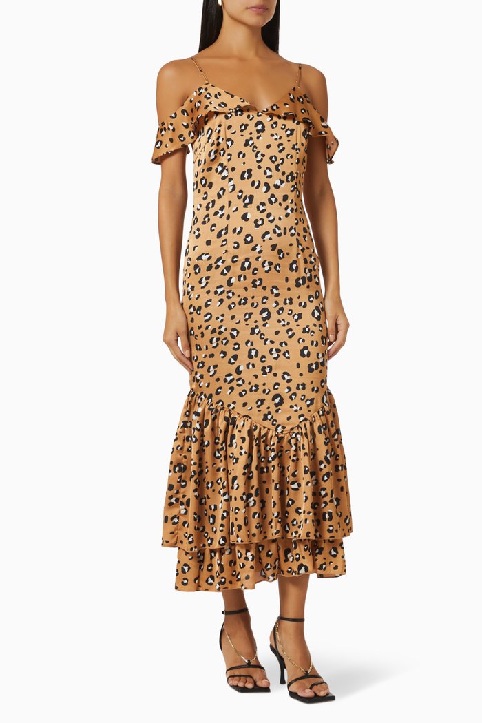 

Leopard-print Ruffle Midi Dress, Brown