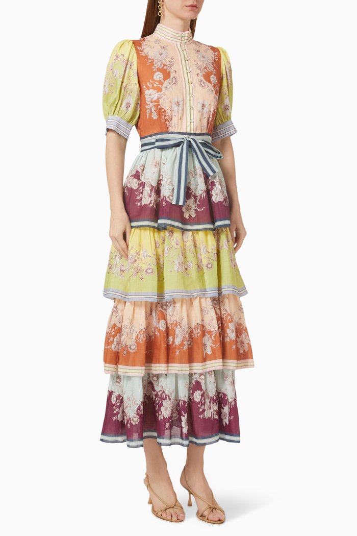 

Marlow Frill Midi Dress in Ramie, Multicolour