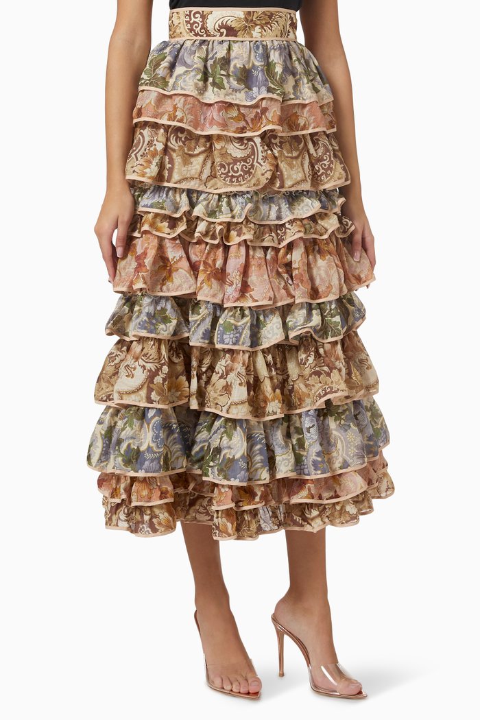 Phillipa Ruffled Midi Skirt in Ramie, Multicolour