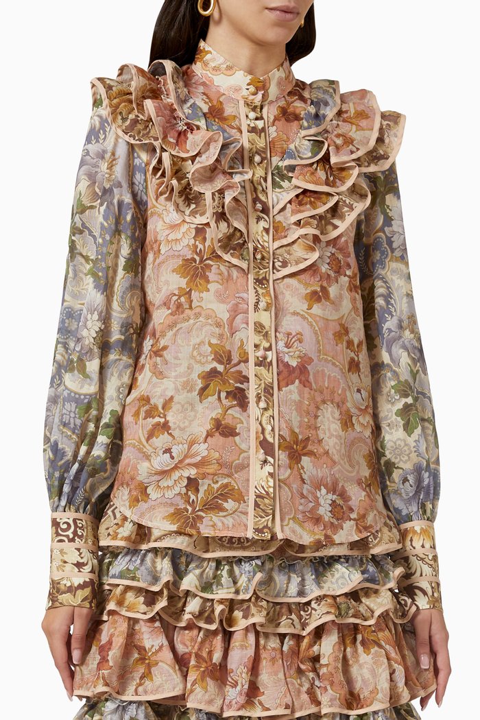 

Phillipa Ruffled Blouse in Ramie, Multicolour