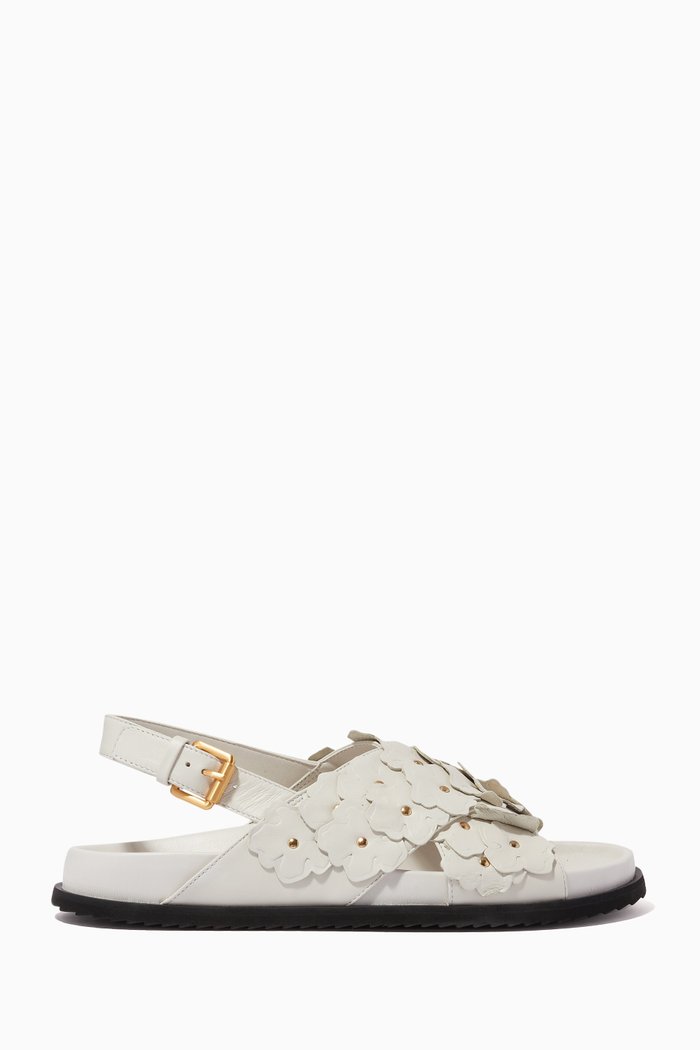 

Miarah Magnolia Flower Flat Sandals in Bovine Leather, Neutral