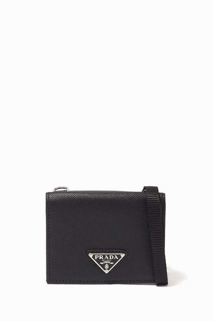 

Triangle Logo Neck Wallet in Saffiano Leather, Black