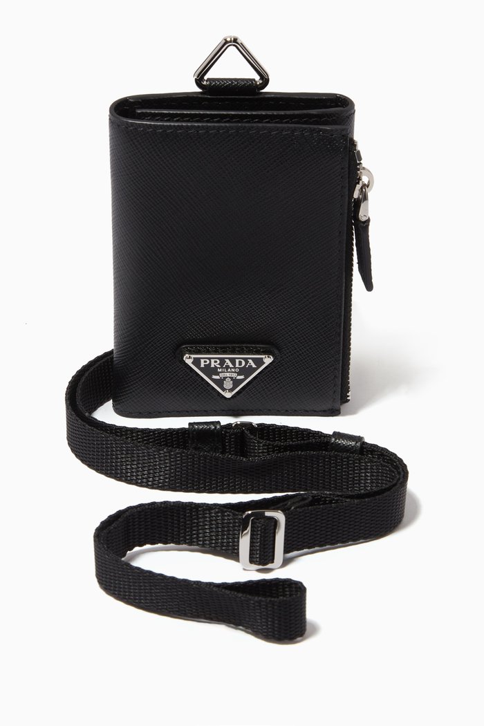 

Logo Neck Wallet with Strap in Saffiano Leather, Black
