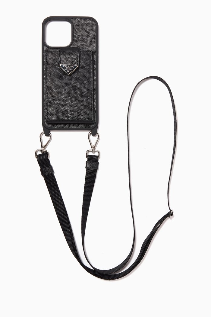 

Triangle Logo iPhone 13 Pro Max Case in Saffiano Leather, Black